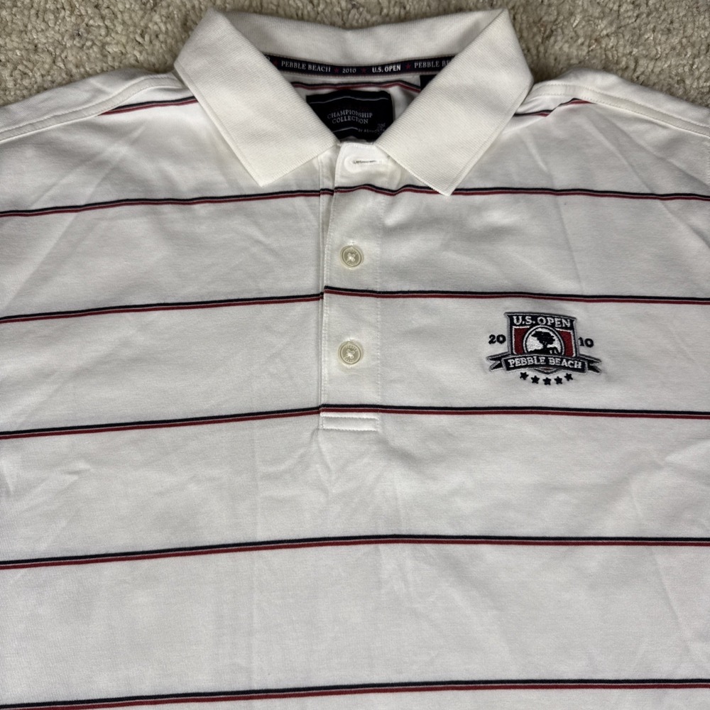 Ashworth Polo Shirt Mens L White Red Blue Stripe Pebble Beach US Open Golf 2010